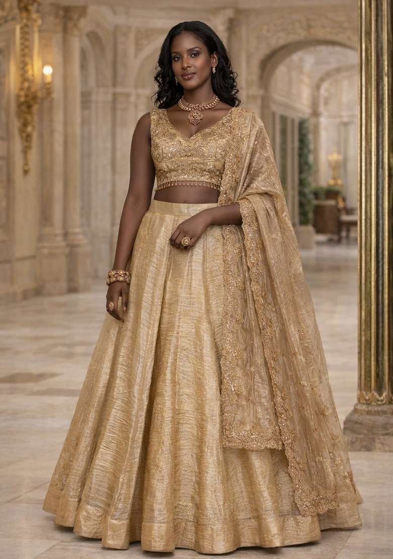 Beige Gold Crush Lehenga Set with Embroidery for Diwali | Wedding & Festive Wear - Indya