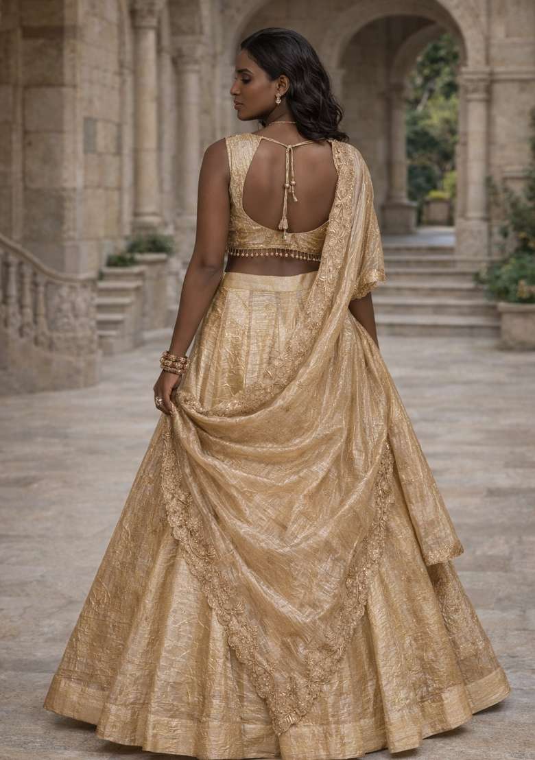 Beige Gold Crush Lehenga Set with Embroidery for Diwali | Wedding & Festive Wear - Indya
