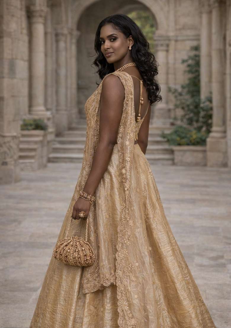 Beige Gold Crush Lehenga Set with Embroidery for Diwali | Wedding & Festive Wear - Indya