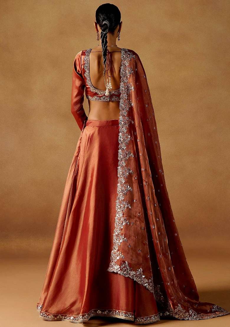 Rust Embroidery Silk Lehenga Set for Diwali and Festive Wear - Indya