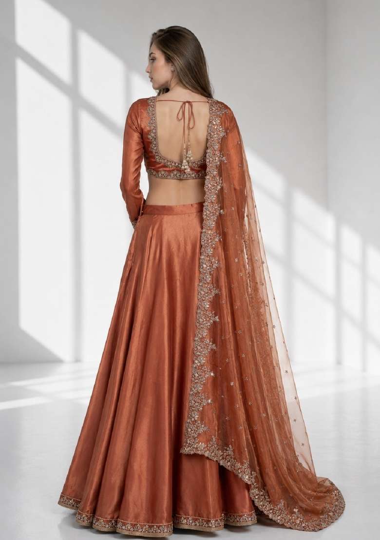 Rust Embroidery Silk Lehenga Set for Diwali and Festive Wear - Indya