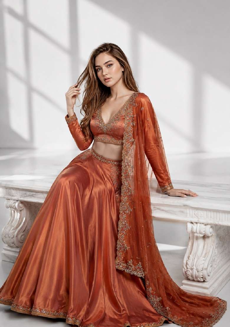 Rust Embroidery Silk Lehenga Set for Diwali and Festive Wear - Indya