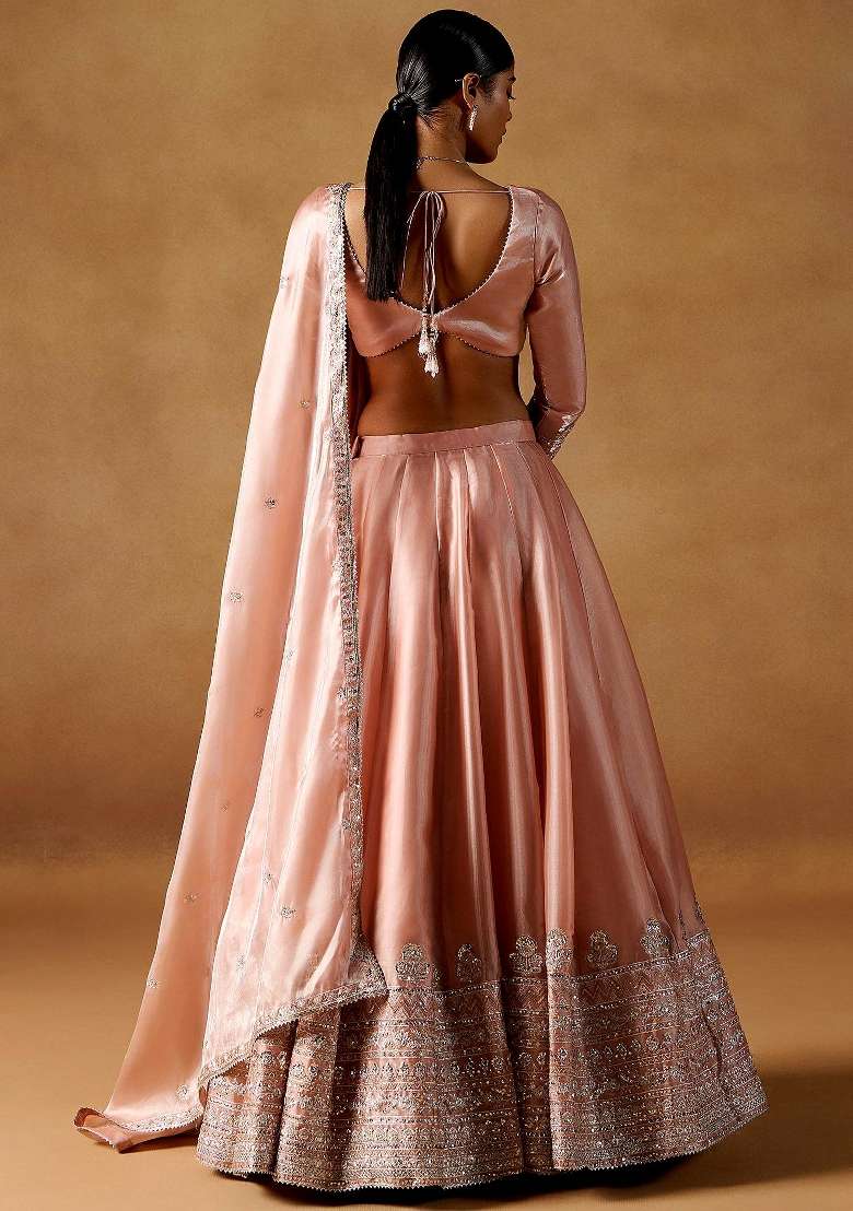 Dusty Coral Embroidery Silk Lehenga Set for Diwali and Festive Wear - Indya