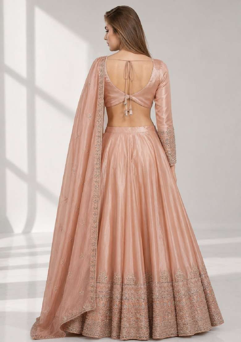 Dusty Coral Embroidery Silk Lehenga Set for Diwali and Festive Wear - Indya