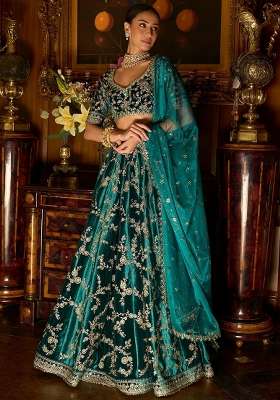 Turquoise Velvet Lehenga Set with Embroidery for Diwali | Wedding & Festive Wear