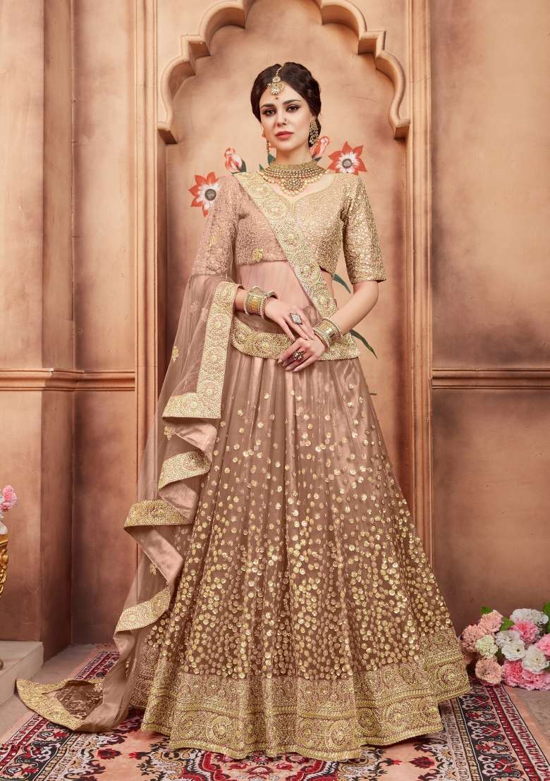 Brown Embroidery Net Lehenga Set for Diwali and Festive Wear - Indya