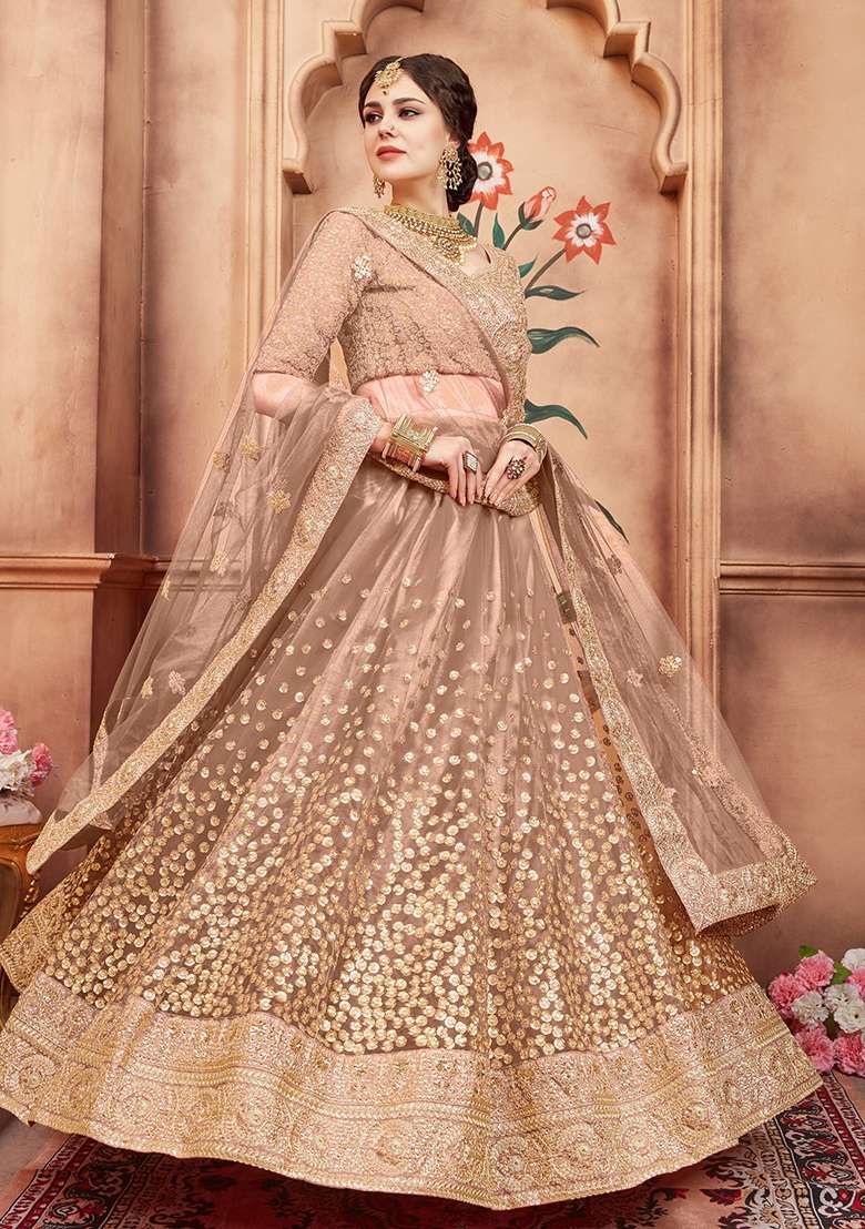 Brown Embroidery Net Lehenga Set for Diwali and Festive Wear - Indya