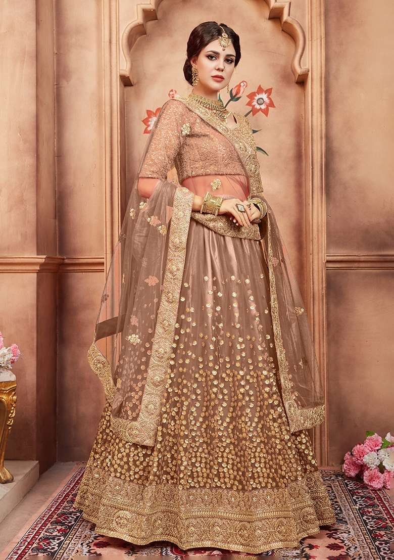 Brown Embroidery Net Lehenga Set for Diwali and Festive Wear - Indya