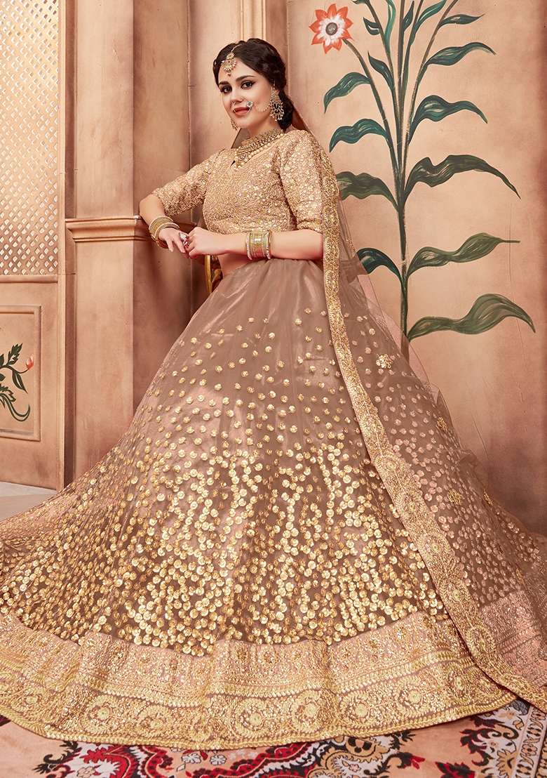 Brown Embroidery Net Lehenga Set for Diwali and Festive Wear - Indya