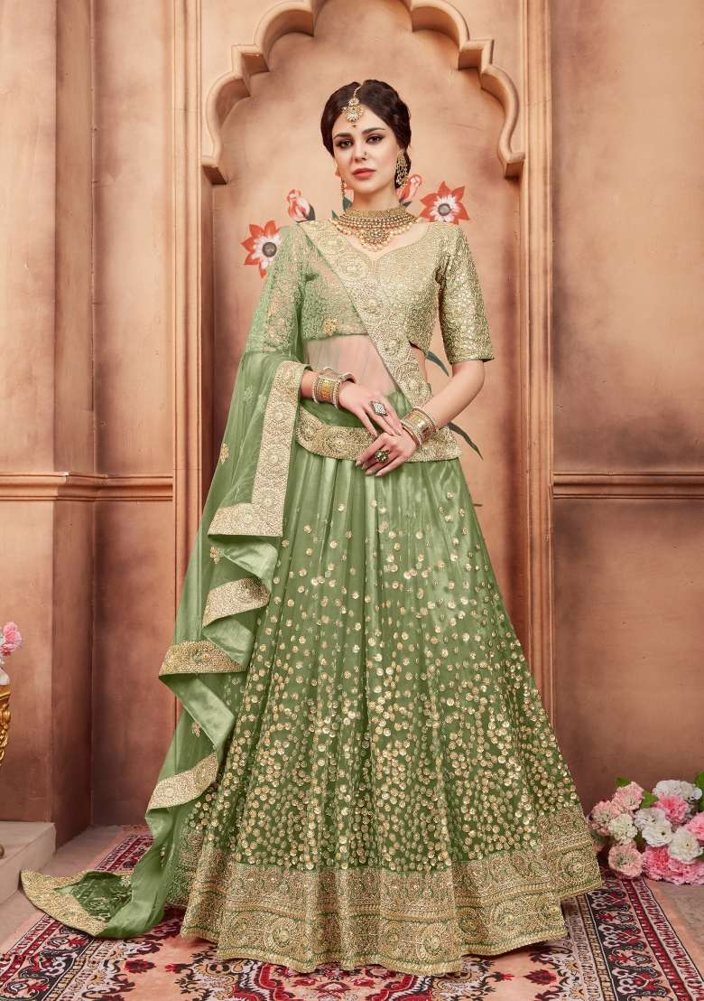 Green Embroidery Net Lehenga Set for Diwali and Festive Wear - Indya