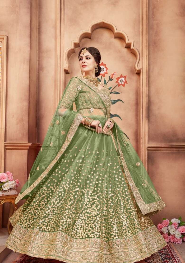 Green Embroidery Net Lehenga Set for Diwali and Festive Wear - Indya