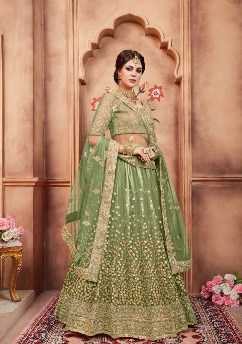 Green Embroidery Net Lehenga Set for Diwali and Festive Wear - Indya