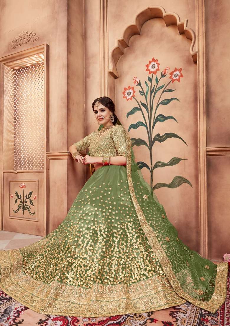 Green Embroidery Net Lehenga Set for Diwali and Festive Wear - Indya