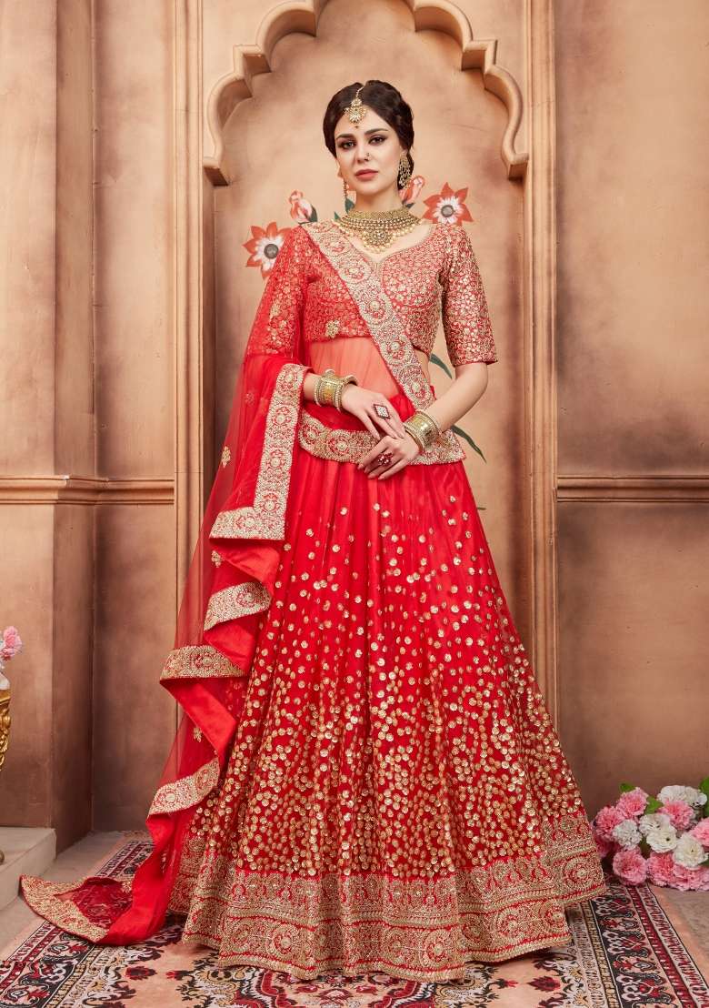 Red Embroidery Net Lehenga Set for Diwali and Festive Wear - Indya