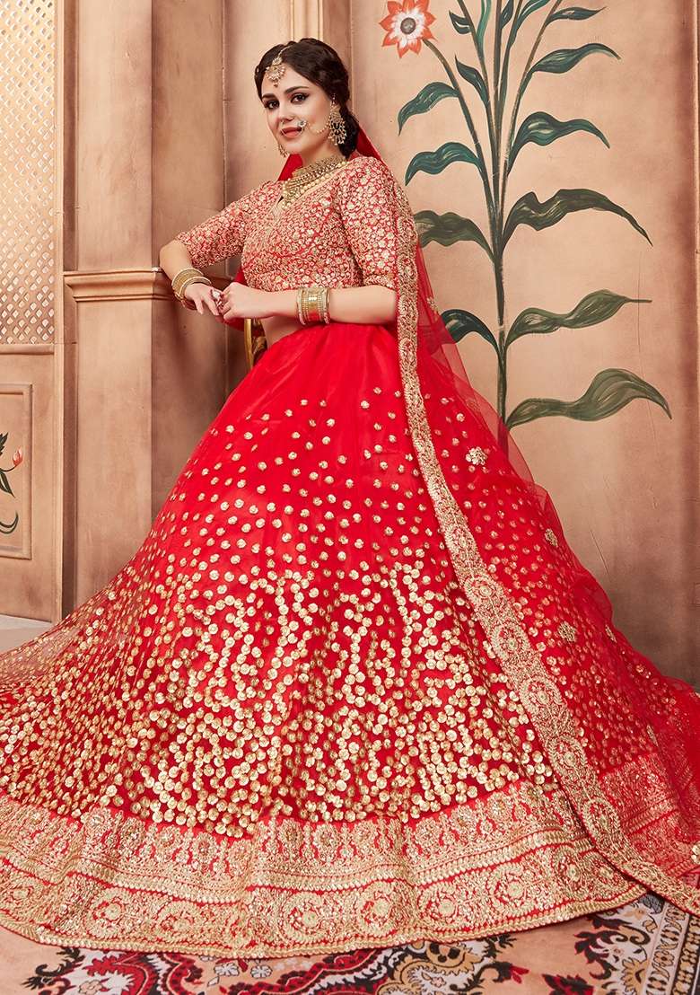 Red Embroidery Net Lehenga Set for Diwali and Festive Wear - Indya