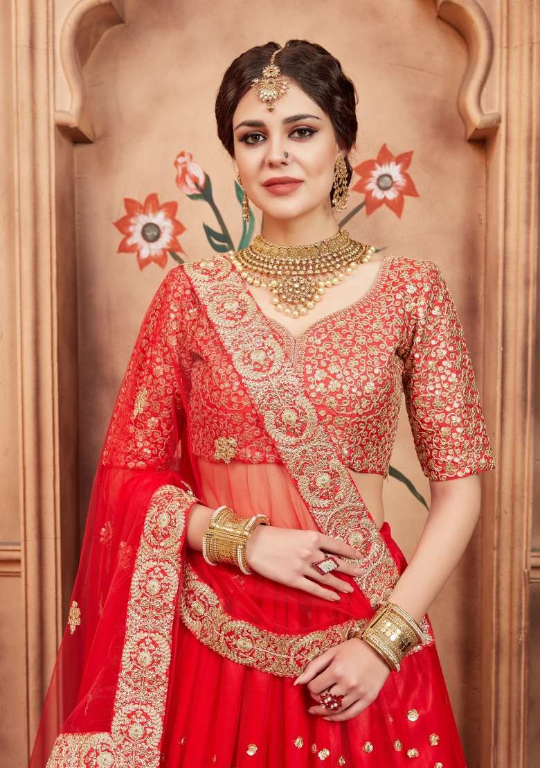 Red Embroidery Net Lehenga Set for Diwali and Festive Wear - Indya