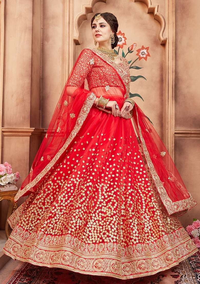 Red Embroidery Net Lehenga Set for Diwali and Festive Wear - Indya