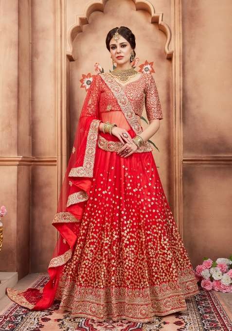 Red Embroidery Net Lehenga Set for Diwali and Festive Wear