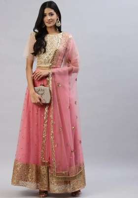 Dusty Pink Net Lehenga Set with Embroidery for Diwali | Wedding & Festive Wear