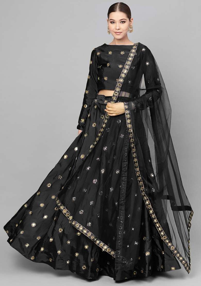 Black Embroidery Silk Lehenga Set for Diwali and Festive Wear - Indya