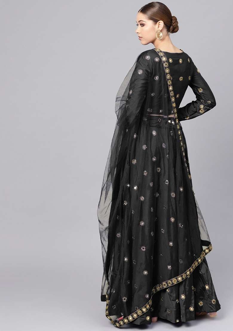 Black Embroidery Silk Lehenga Set for Diwali and Festive Wear - Indya