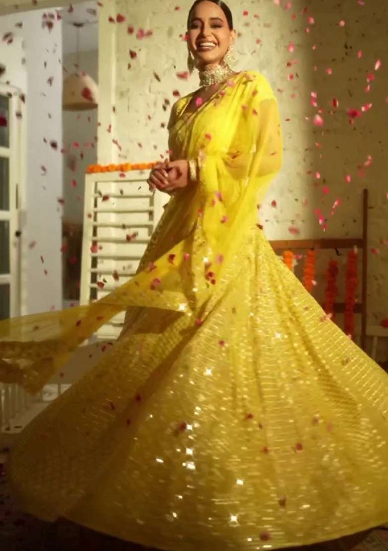 Yellow Embroidery Georgette Lehenga Set for Diwali and Festive Wear - Indya