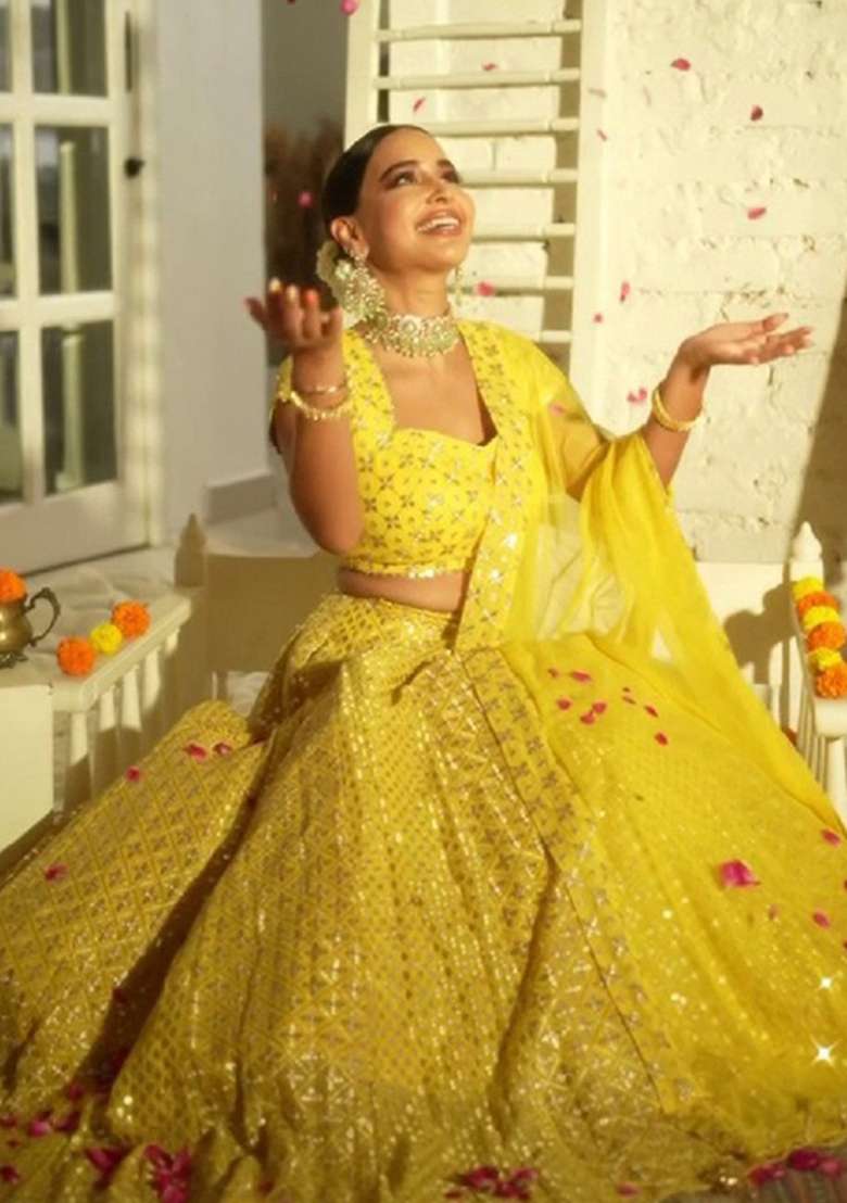 Yellow Embroidery Georgette Lehenga Set for Diwali and Festive Wear - Indya