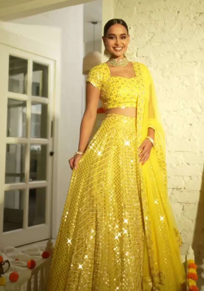 Yellow Embroidery Georgette Lehenga Set for Diwali and Festive Wear - Indya