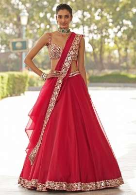 Red Silk Lehenga Set with Embroidery for Diwali | Wedding & Festive Wear