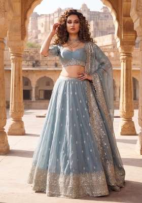 Dusty Blue Silk Lehenga Set with Embroidery for Diwali | Wedding & Festive Wear