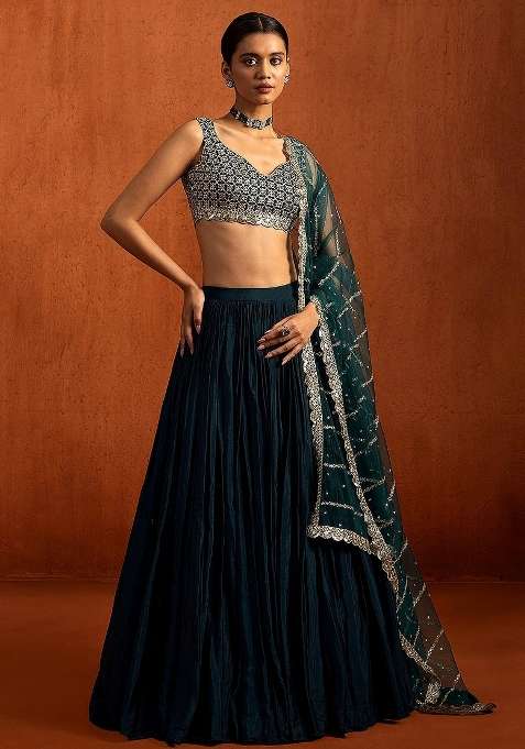 Royal Dark Blue Silk Lehenga Set with Embroidery for Diwali | Wedding & Festive Wear
