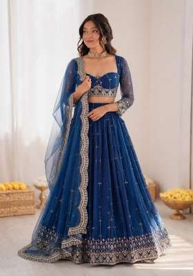 Royal Blue Embroidery Georgette Lehenga Set for Diwali and Festive Wear