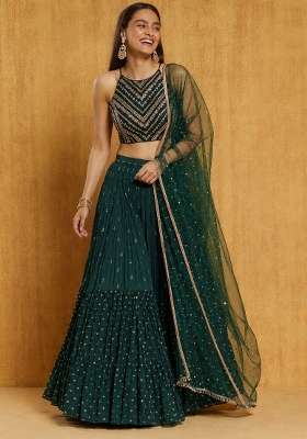 Green Embroidery Georgette Lehenga Set for Diwali and Festive Wear