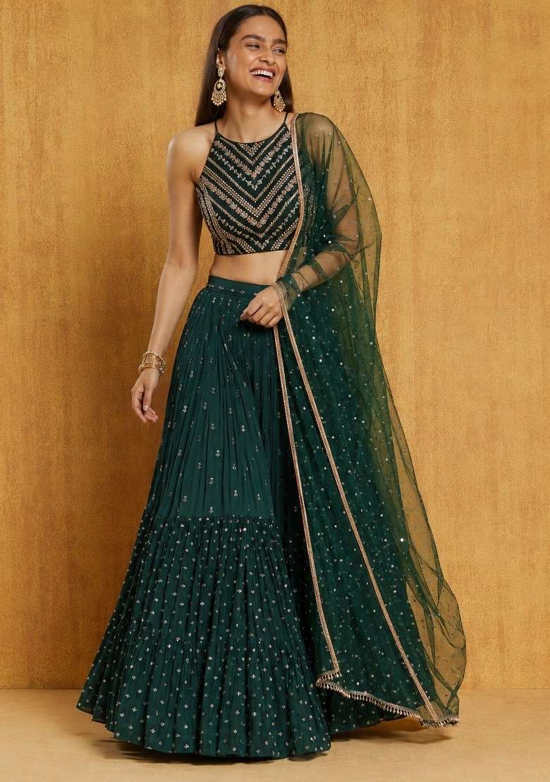 Green Embroidery Georgette Lehenga Set for Diwali and Festive Wear - Indya