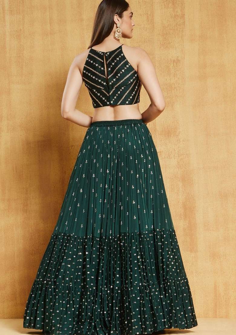 Green Embroidery Georgette Lehenga Set for Diwali and Festive Wear - Indya