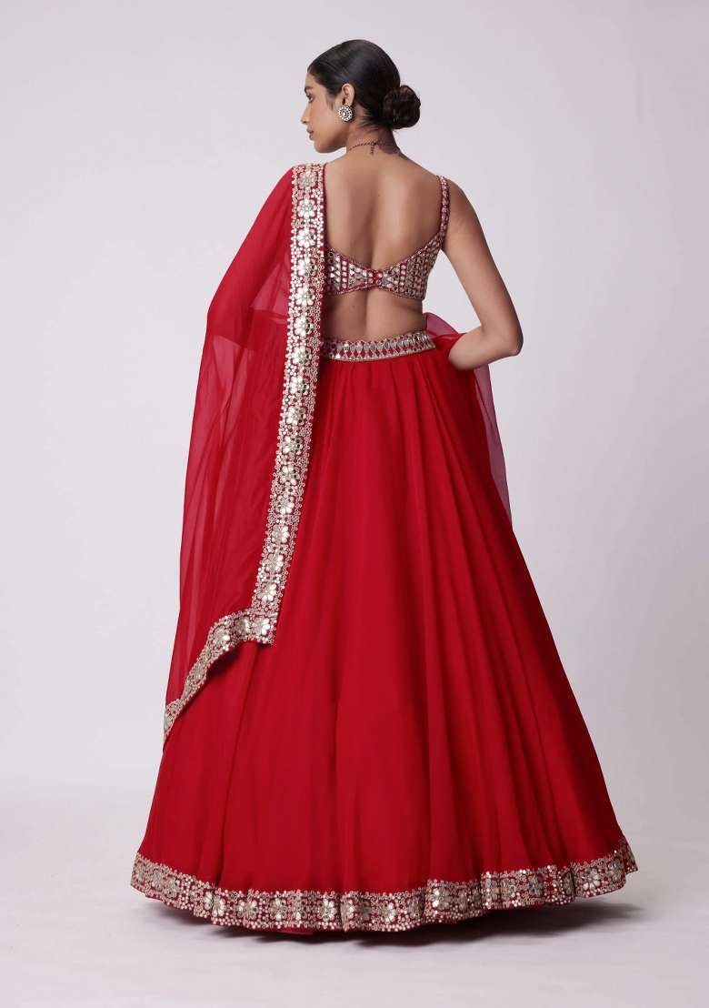 Red Embroidery Silk Lehenga Set for Diwali and Festive Wear - Indya
