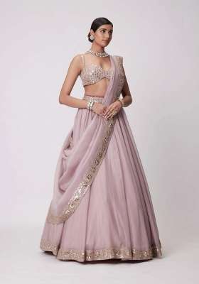 Ash Pink Silk Lehenga Set with Embroidery for Diwali | Wedding & Festive Wear