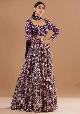 Wine Embroidery Georgette Lehenga Set for Diwali and Festive Wear