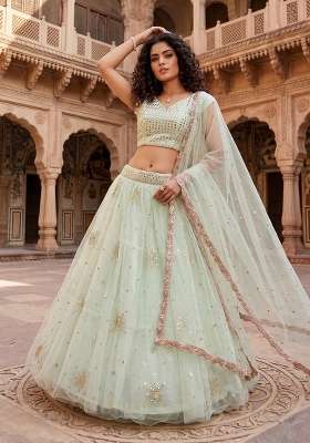 Aqua Green Net Lehenga Set with Embroidery for Diwali | Wedding & Festive Wear