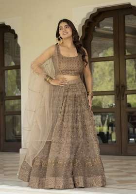 Brown Embroidery Net Lehenga Set for Diwali and Festive Wear