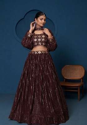 Deep Maroon Embroidery Georgette Lehenga Set for Diwali and Festive Wear