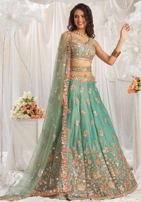 Sea Green Embroidery Silk Lehenga Set for Diwali and Festive Wear