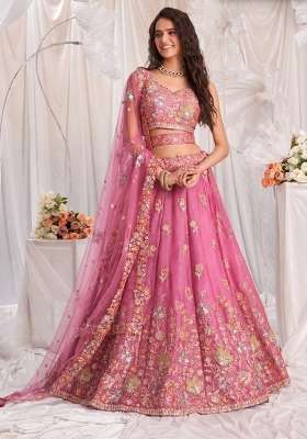 Rose Pink Silk Lehenga Set with Embroidery for Diwali | Wedding & Festive Wear