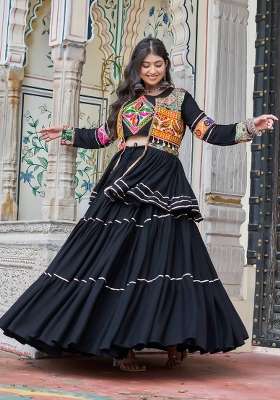 Black Cotton Lehenga Set with Mirror Work for Diwali | Wedding & Festive Wear