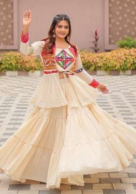 Cream Cotton Lehenga Set with Mirror Work for Diwali | Wedding & Festive Wear