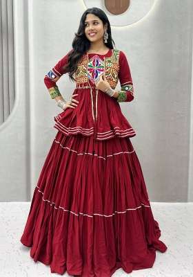 Maroon Cotton Lehenga Set with Mirror Work for Diwali | Wedding & Festive Wear