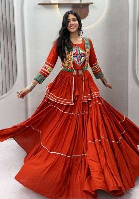 Orange Cotton Lehenga Set with Mirror Work for Diwali | Wedding & Festive Wear
