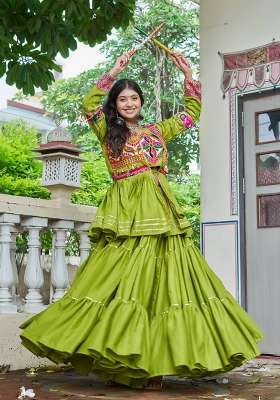 Parrot Cotton Lehenga Set with Mirror Work for Diwali | Wedding & Festive Wear