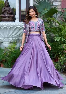 Lavender Vichitra Lehenga Set with Embroidery for Diwali | Wedding & Festive Wear