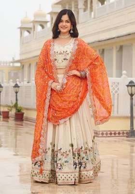 Orange Georgette Lehenga Set with Embroidery for Diwali | Wedding & Festive Wear